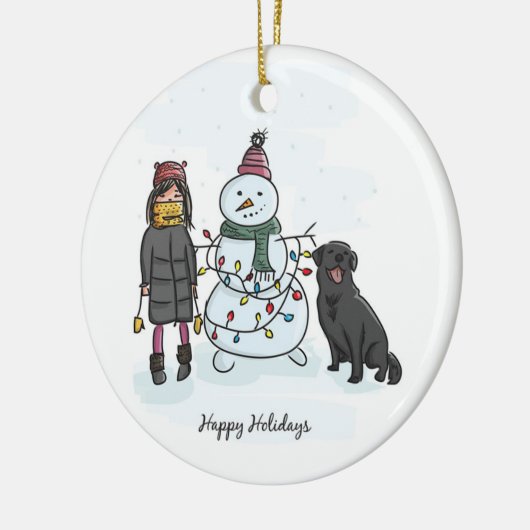 Schneemann, Mädchen und Hund Keramik Ornament (Links)