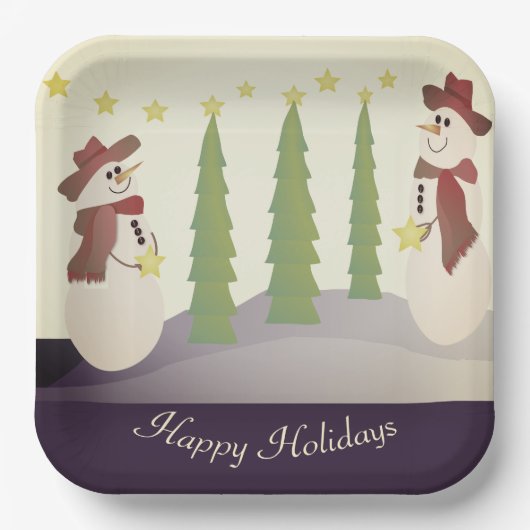 Schneemann mit Blau und Beige Pappteller (Vorderseite)