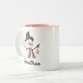 Schneemann mit blauem Vogel anpassbare Weihnachten Zweifarbige Tasse (Vorderseite Links)