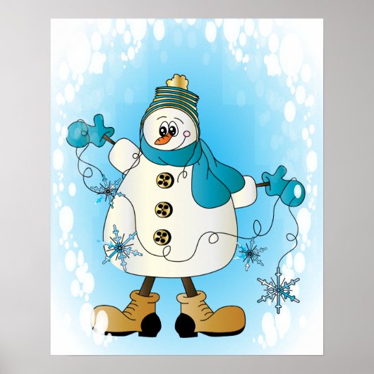 Schneemann mit Blauen Weihnachtsschneeflocken Poster (Vorne)