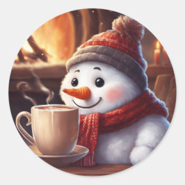Schneemann mit Dampfkaffeemaschine Runder Aufkleber