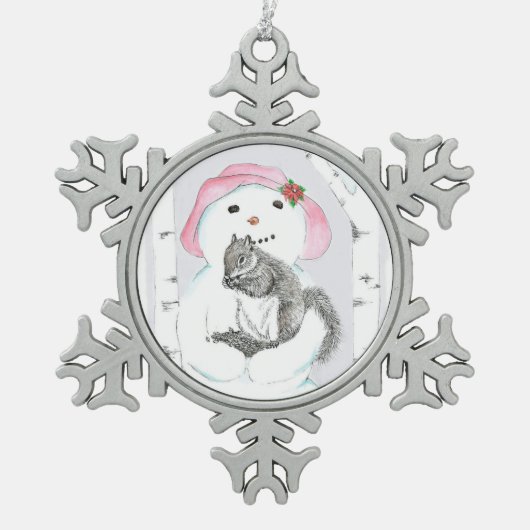 Schneemann mit Eichhörnchen Schneeflocken Zinn-Ornament (Vorderseite)