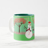 Schneemann mit einem Candycane-Baum Zweifarbige Tasse (Vorderseite Links)