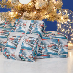 Schneemann mit einem roten Retro-LKW Geschenkpapier