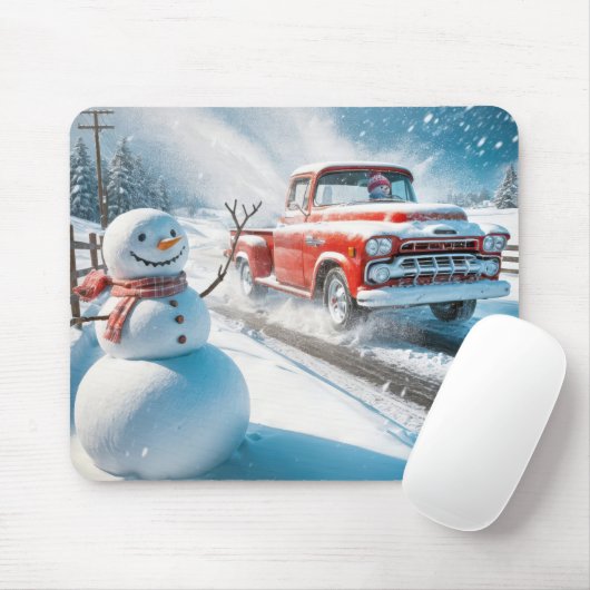 Schneemann mit einem roten Retro-LKW Mousepad (Mit Mouse)