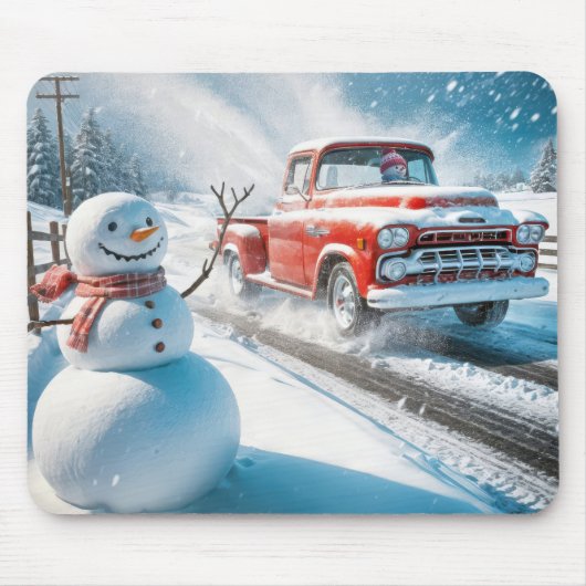 Schneemann mit einem roten Retro-LKW Mousepad (Vorne)