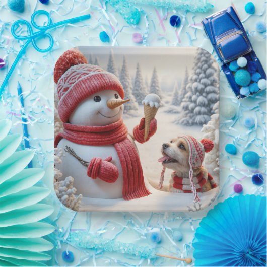Schneemann mit Eiscreme und Hund Pappteller (Party)
