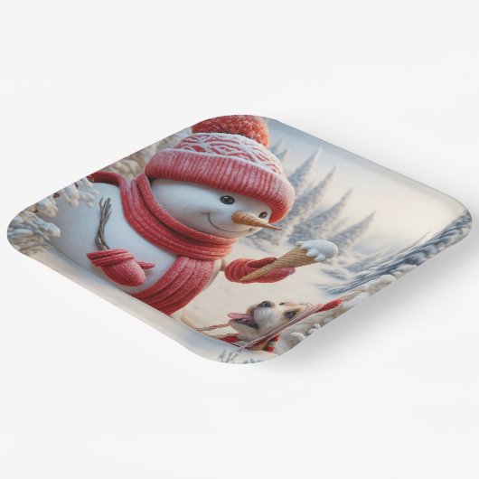 Schneemann mit Eiscreme und Hund Pappteller (Gewinkelt)