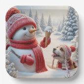 Schneemann mit Eiscreme und Hund Pappteller (Vorderseite)