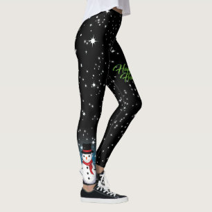 Schneemann mit 'Frohe Feiertage'-Text in Grün auf Leggings