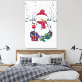 Schneemann mit Geschenken in Aquarellkanälen Print Leinwanddruck (Insitu (Schlafzimmer))