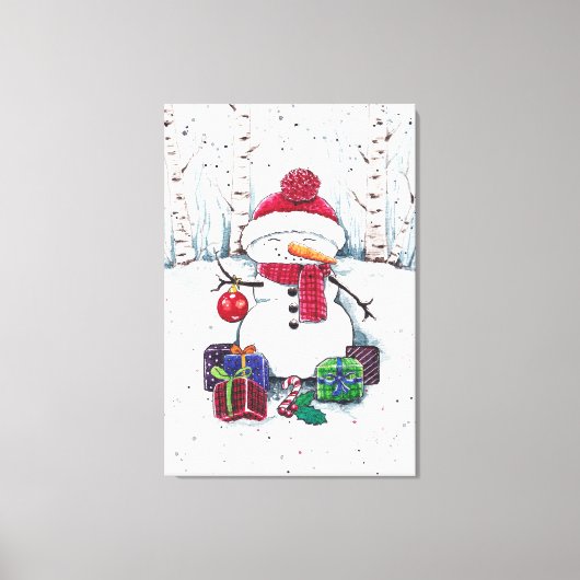 Schneemann mit Geschenken in Aquarellkanälen Print Leinwanddruck (Vorderseite)