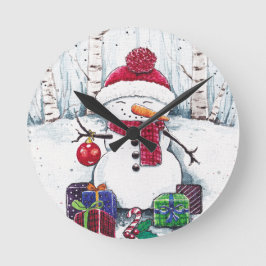 Schneemann mit Geschenken in der Aquarellmauer Runde Wanduhr