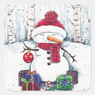 Schneemann mit Geschenken in der Wasserfarbe Klass Quadratischer Aufkleber