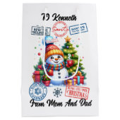 Schneemann mit Geschenken und Urlaubsaufklebern Mittlere Geschenktüte (Rückseite)