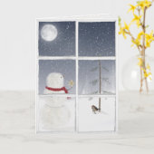 Schneemann mit goldenem Weihnachtsstern im Fenster Karte (Gelbe Blume)