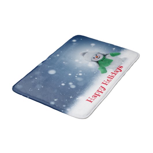 Schneemann mit grünem Schal Badematte (Schrägansicht)