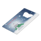 Schneemann mit grünem Schal Geldbeutel Flaschenöffner (Vorderseite Schrägansicht)