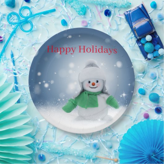 Schneemann mit grünem Schal Pappteller (Party)