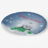 Schneemann mit grünem Schal Pappteller (Schrägansicht)