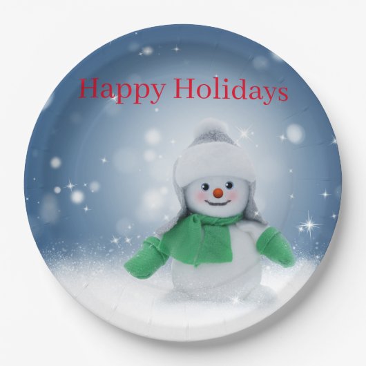 Schneemann mit grünem Schal Pappteller (Vorderseite)