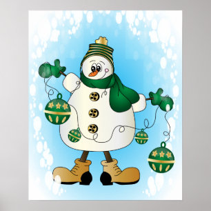 Schneemann mit grünen Weihnachtsschmuck Poster
