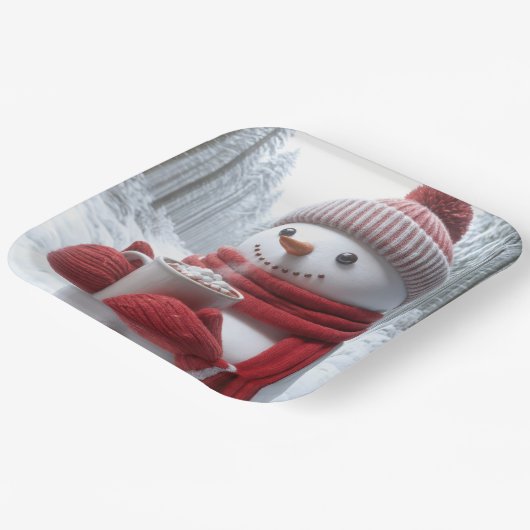 Schneemann mit heißer Schokolade Pappteller (Gewinkelt)
