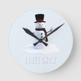 Schneemann mit Hut und Schal. Ich liebe Schnee Runde Wanduhr