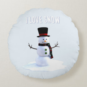 Schneemann mit Hut und Schal. Ich liebe Schnee Rundes Kissen