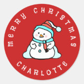 Schneemann mit Individuelle Name | Niedliche Weihn Runder Aufkleber (Vorderseite)