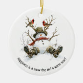 Schneemann mit Kardinalen Keramik Ornament (Vorne)