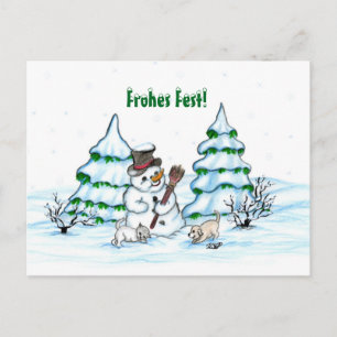 Schneemann mit Katze und Hundewelpe auf Deutsch Postkarte