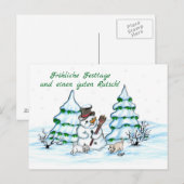 Schneemann mit Katze und Hundewelpe auf Deutsch Postkarte (Vorne/Hinten)
