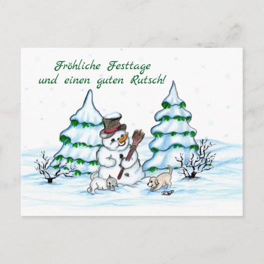 Schneemann mit Katze und Hundewelpe auf Deutsch Postkarte (Vorderseite)
