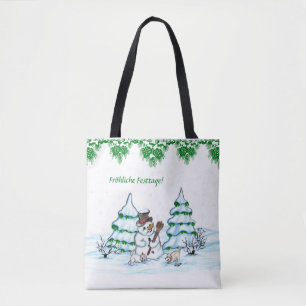 Schneemann mit Katze und Hundewelpe auf Deutsch Tasche