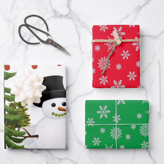 Schneemann mit mehrfarbiger Schneeflocke Geschenkpapier Set (Vorderseite)