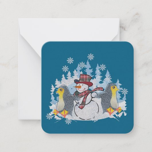 Schneemann mit Pinguinen Mitteilungskarte (Vorderseite)