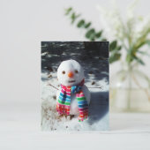 Schneemann mit Rainbow Striped Scarf Postkarte (Stehend Vorderseite)