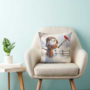 Schneemann mit Rotem Kardinalvogel Kissen
