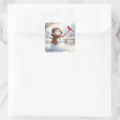 Schneemann mit rotem Kardinalvogel Quadratischer Aufkleber (Tasche)