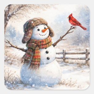 Schneemann mit rotem Kardinalvogel Quadratischer Aufkleber