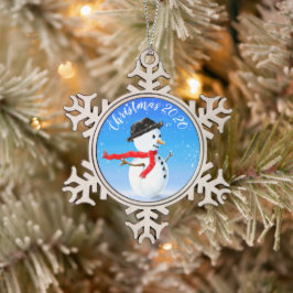 Schneemann mit rotem Schal und schwarzem Hut Schneeflocken Zinn-Ornament