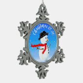 Schneemann mit rotem Schal und schwarzem Hut Schneeflocken Zinn-Ornament (Links)