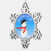 Schneemann mit rotem Schal und schwarzem Hut Schneeflocken Zinn-Ornament (Rechts)