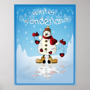 Schneemann mit roten Weihnachtsherzen Poster