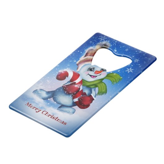 Schneemann mit Schal Geldbeutel Flaschenöffner (Rückseite Schrägansicht)