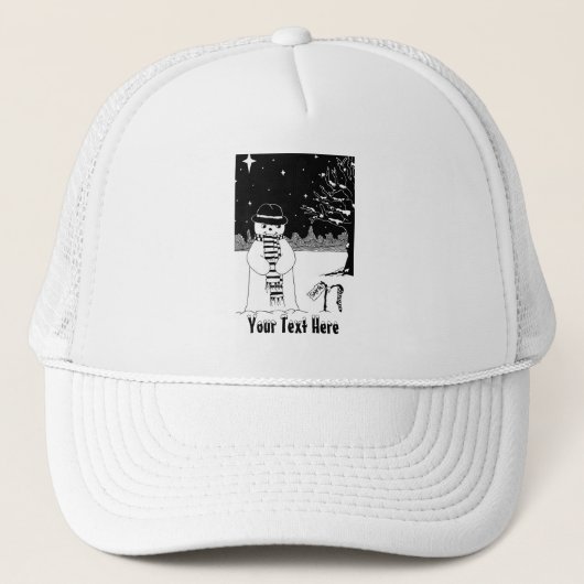 Schneemann mit Schal und Hut, schwarz-weiß Kunst Truckerkappe (Vorderseite)