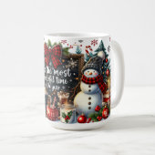 Schneemann mit Schiefertafel-Schild und gemütliche Kaffeetasse (VorderseiteRechts)