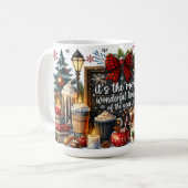 Schneemann mit Schiefertafel-Schild und gemütliche Kaffeetasse (Vorderseite Links)