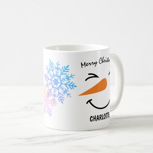 Schneemann mit schmalen Augen, frohe Weihnachten Kaffeetasse (VorderseiteRechts)